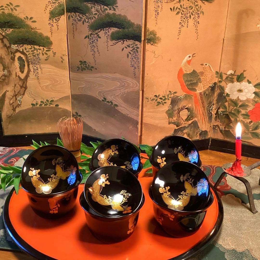 懐石道具 木製黒塗 金彩花蒔絵 汁椀5客揃 瑾斎の漆器 内朱 元箱 ほぼ